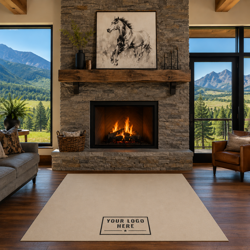 custom drop cloth product photo in front of fireplace. Chimney Sweep tarp